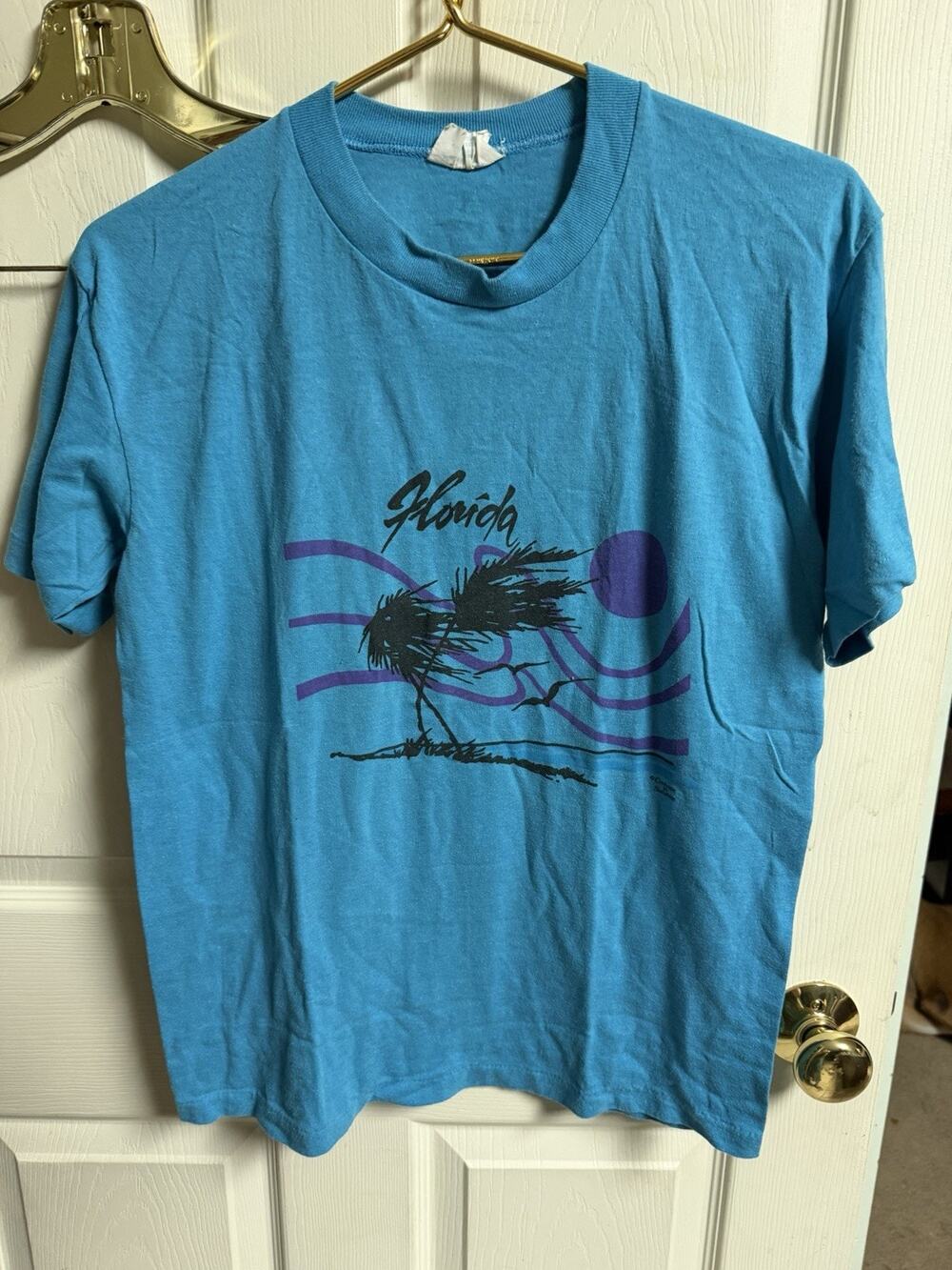 Vintage 90s 80s Paper Thin T Shirt Mens Med 38w Blue Teal Florida Burnout Palm